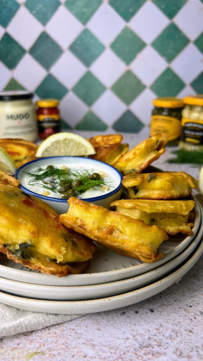 vegetarische Fischknusperli mit Kapern-Dip