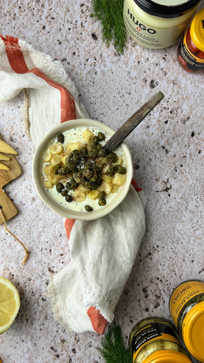 vegetarische Fischknusperli mit Kapern-Dip
