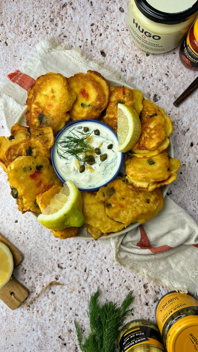 vegetarische Fischknusperli mit Kapern-Dip